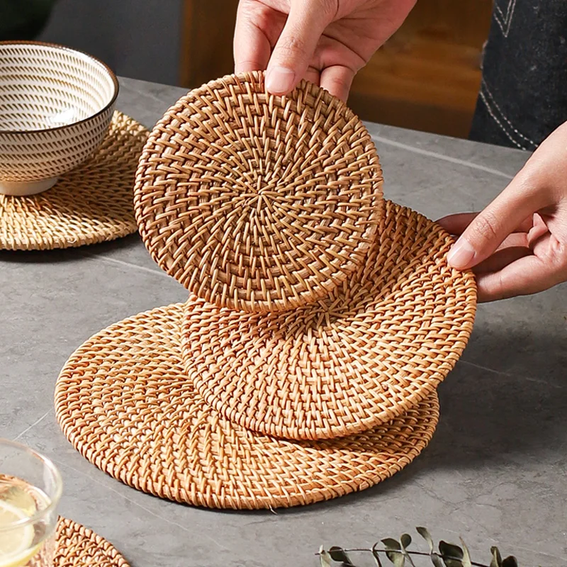 

Cup Coaster Woven Tea Coaster Rattan Placemats Drink Coaster for Glasses Round Table Placemat Trivet Bowl Mat Table Accessories