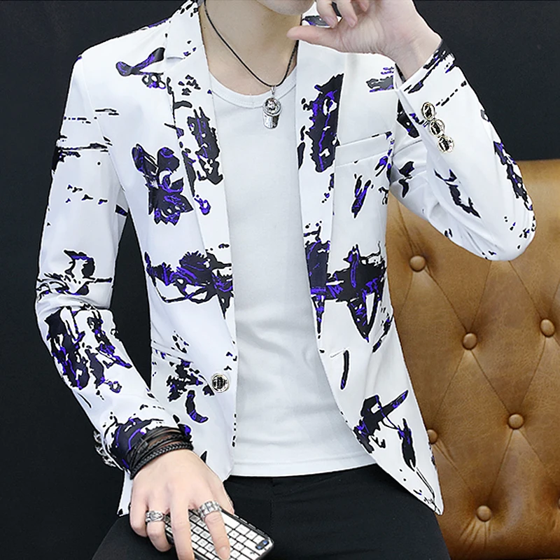 

Floral Print Blazer Jacket Men Korean Trend Streetwear Mens Clothing Casual Suit Coat Male Slim Fit blazer masculino