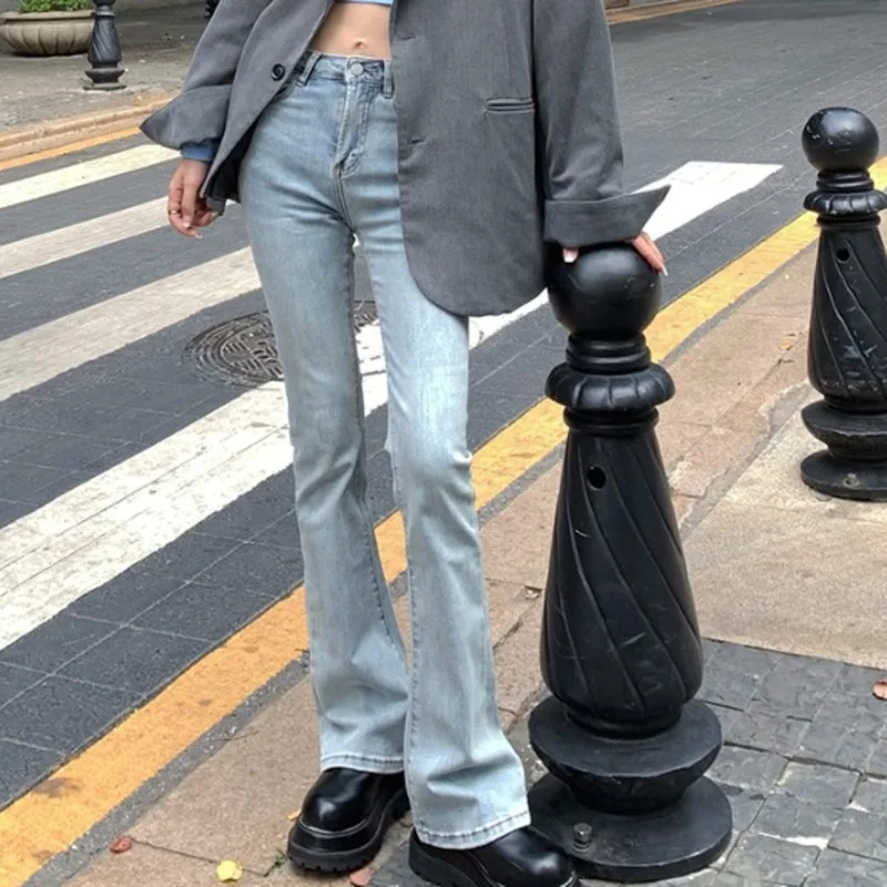 

Женские джинсы с длинными штанинами в Корейском стиле для девушек маленькие тонкие длинные джинсы с рогами для женщин