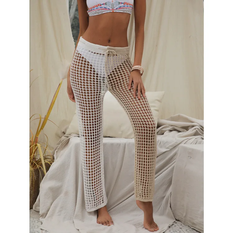 

2022 Summer Hot casual hollowed-out pants With matching color strap Women's pants With knit sexy beach pants