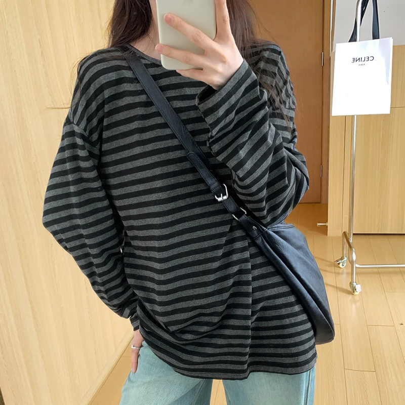 

Korean Fashion Casual Stripe Lazy Style Long Sleeve Oversized T Shirt for Women 2023 Autumn New Design Sense Top Cheap Wholesale