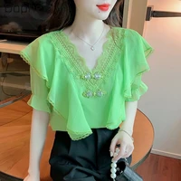 womens beautiful green tops and blouses 2022 summer new stylish lace v neck chiffon short sleeve pullover shirt office ladies