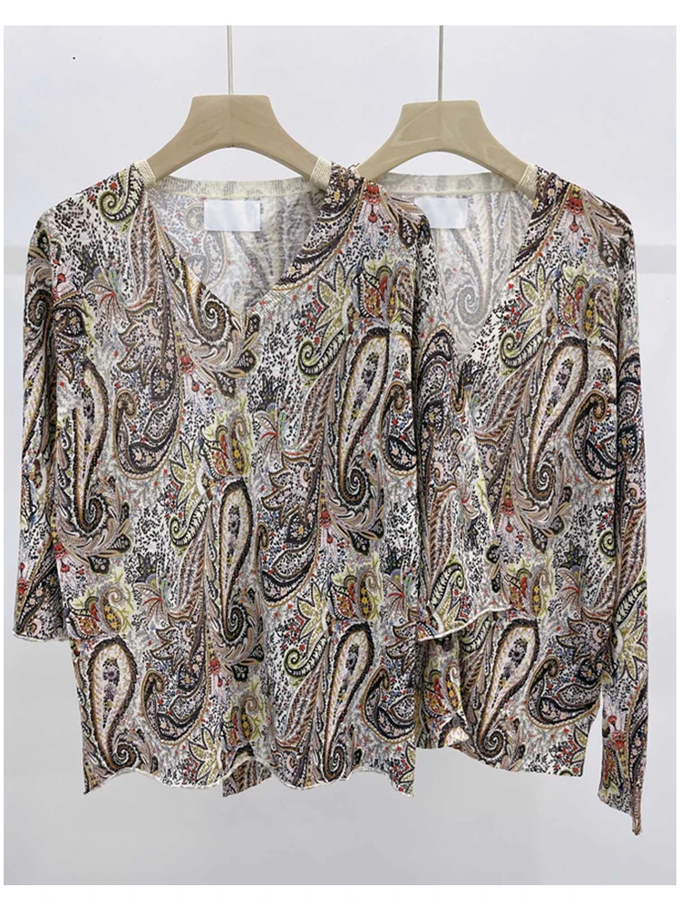 

2022 Spring New Romantic Print Sweaters Linen Blended V-neck Pullover and Cardigan zv Knitted Top Women