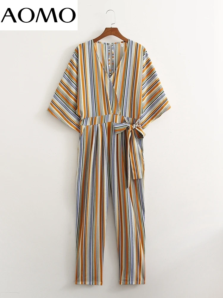 

AOMO Women Vintage V Neck Striped Playsuits Short Sleeve Rompers Ladies Casual Chic Jumpsuits 1D65A