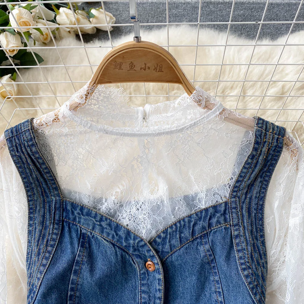 Женское Повседневное платье с длинным рукавом кружевной топ и винтажное