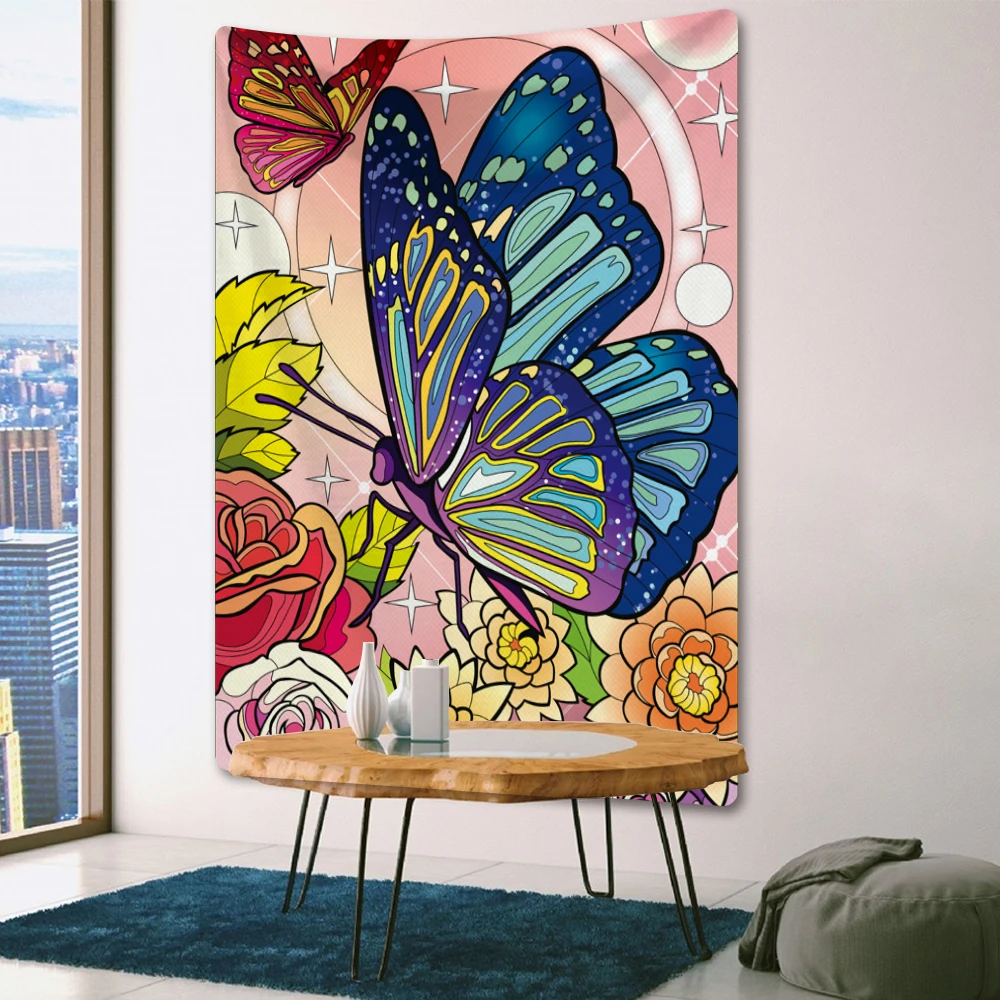 

Botanical Flower Butterfly Psychedelic Scene Home Decor Tapestry Hippie Boho Mandala Room Wall Decor Beach Towel