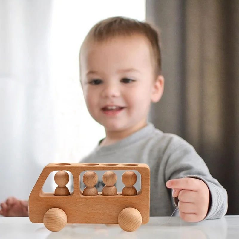 

1set Montessori Toys For Kids Wooden Four Wheels Beech Wood Bus Little Doll Teething Blocks Gift Educational Toys Baby Items