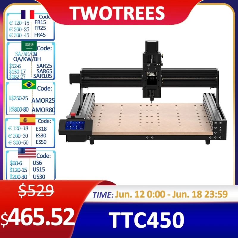 Twotrees TTC450 CNC Engraving Machine 80W CNC Module PCB Wood Milling Cutting Machine Laser Carving Cutter GRBL Control ER11