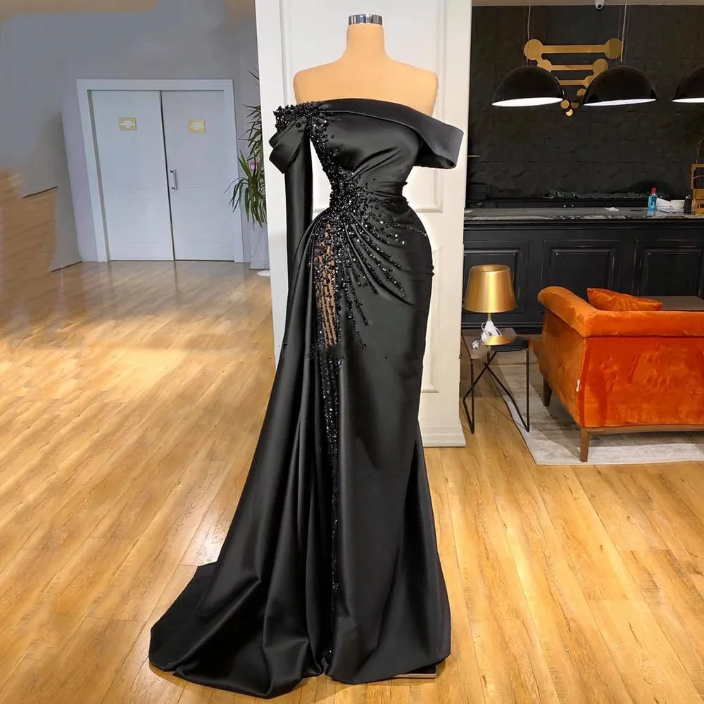 

Private Custom Luxury Black Beading Off Shoulder Satin Mermaid Evening Dress Long Prom Dress robes de soirée