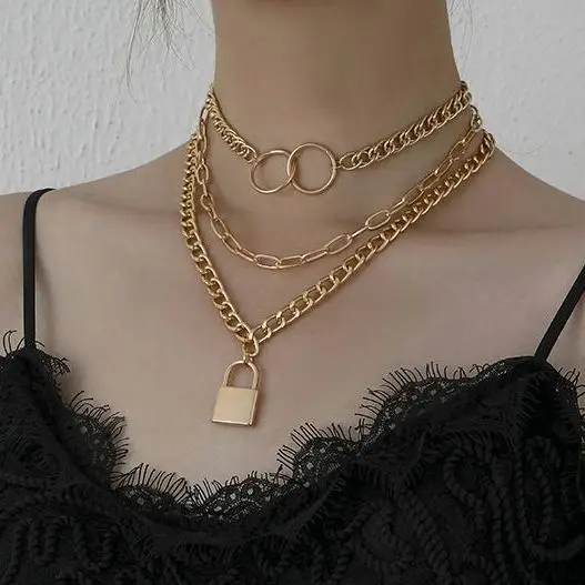 

Multi Layered Lock Pendants Chains Creative Fashion Popular Luxury Necklace Women Vintage Gold Color Jewelry Gifts Wholesale