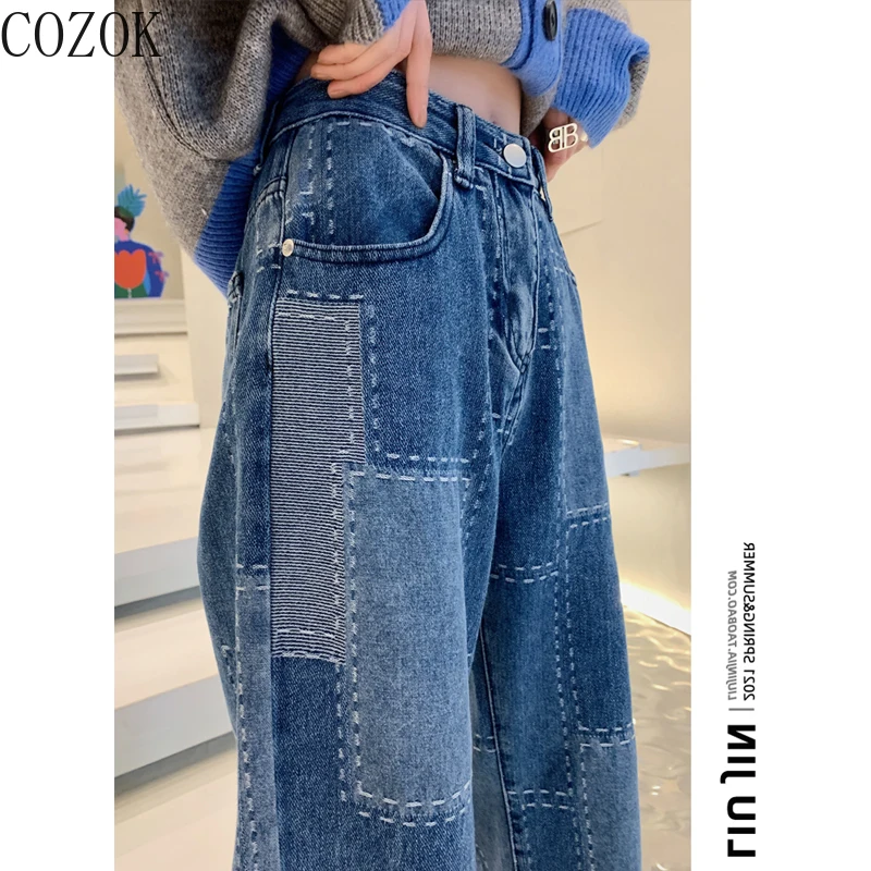 Large Size Women's Clothing Slightly Fat Sister Retro Denim Wide Leg Autumn High Waist Loose and Slimming Mop Trousers