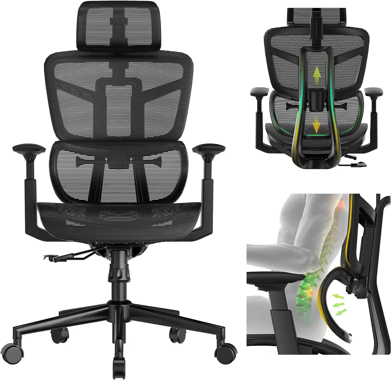 

Office Chair, High Back Mesh Desk Chair with Liftable Backrest Armrest, 3D Adjustable Lumbar Support Headrest Computer Executive