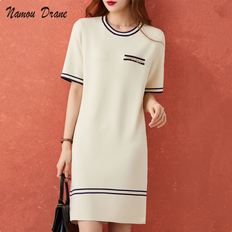 

2022 Spring and Summer Short-sleeved Casual Loose Striped Contrasting Color Pocket Ice Silk Mid-length Knitted Dress Women