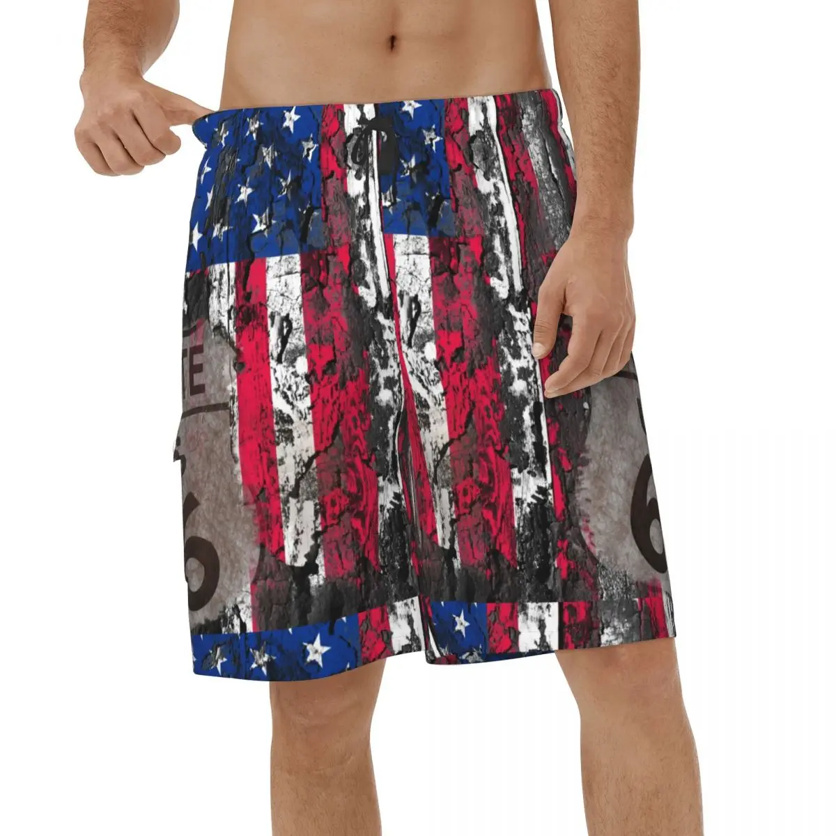 

Casual Shorts USA Flag Route 66 Quick Dry Mens Swim Trunks Vintage American Mother Road Sign Men Swimming Shorts