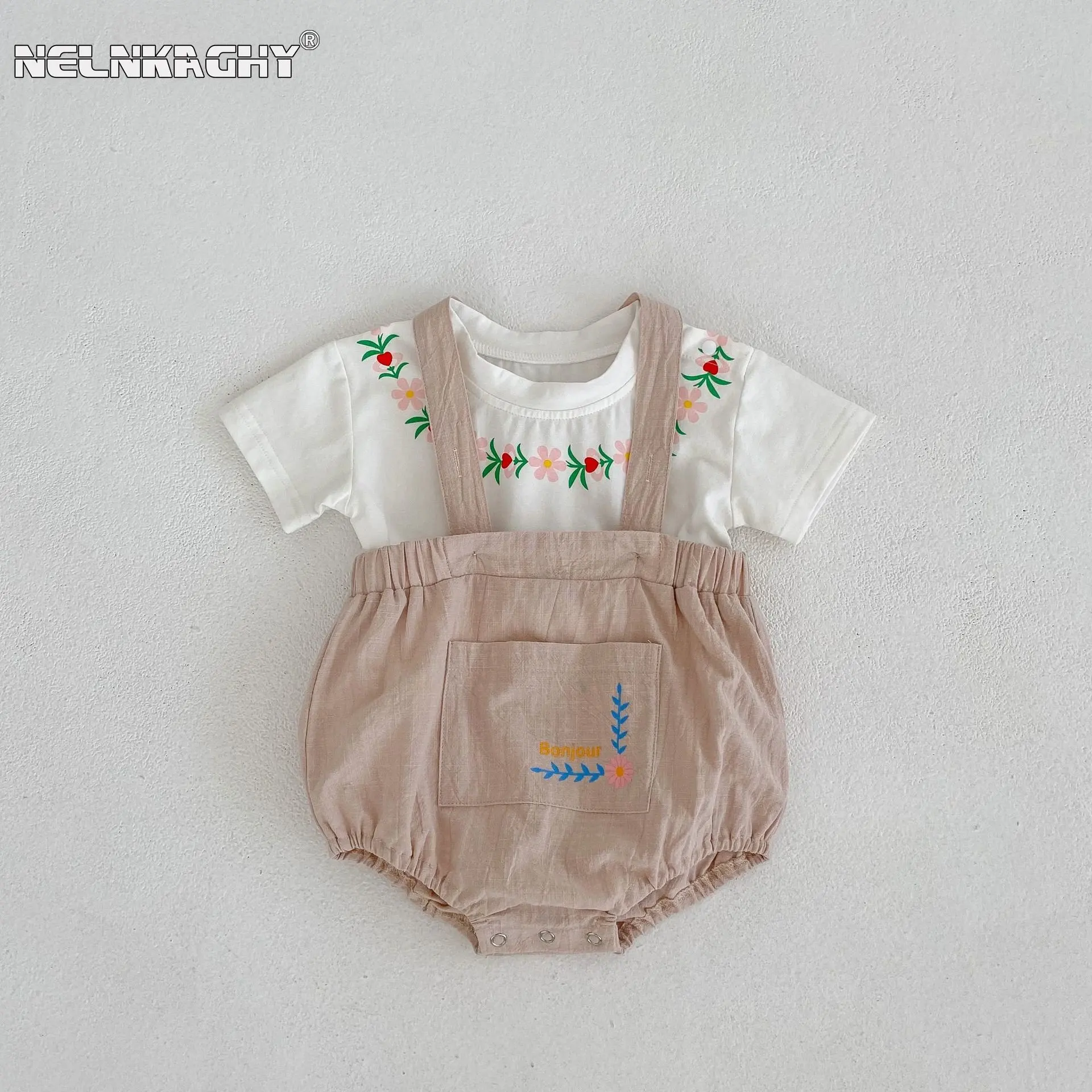 Newborn Baby Girls Short Sleeve Pure Cotton Print Flower Top T-shirts Strap Bodysuits Infant Kids Clothing Toddler Set 2pcs