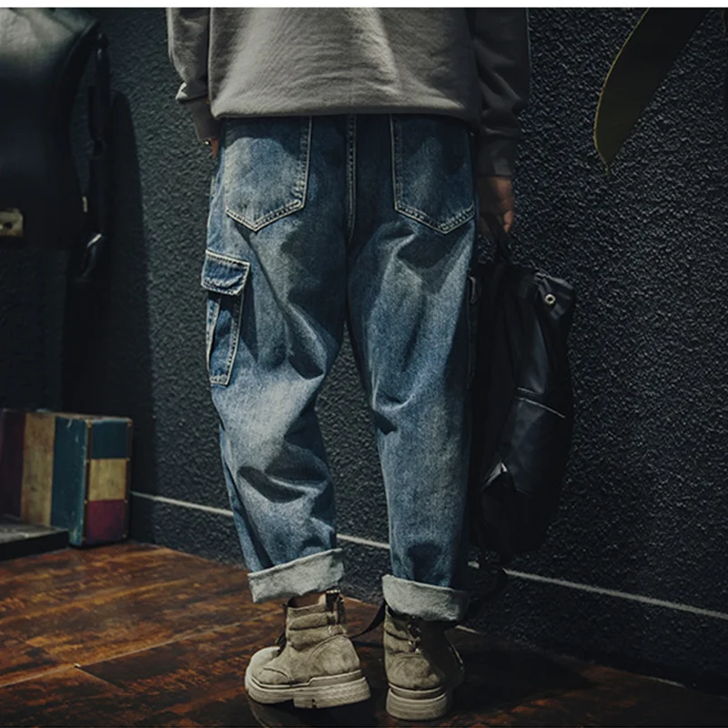 Streetwear Men 2022 New Pattern Vintage Recreational Blue Jeans Multiple Pockets Loose Straight Cylinder Trousers Autumn Female