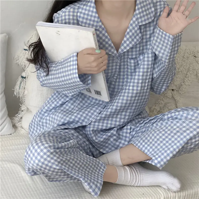 Spring and Summer Ladies Pajamas Plaid Cardigan Lapel Two-piece Suit Can Be Worn Outside Casual Loose Cute Girls Home Service