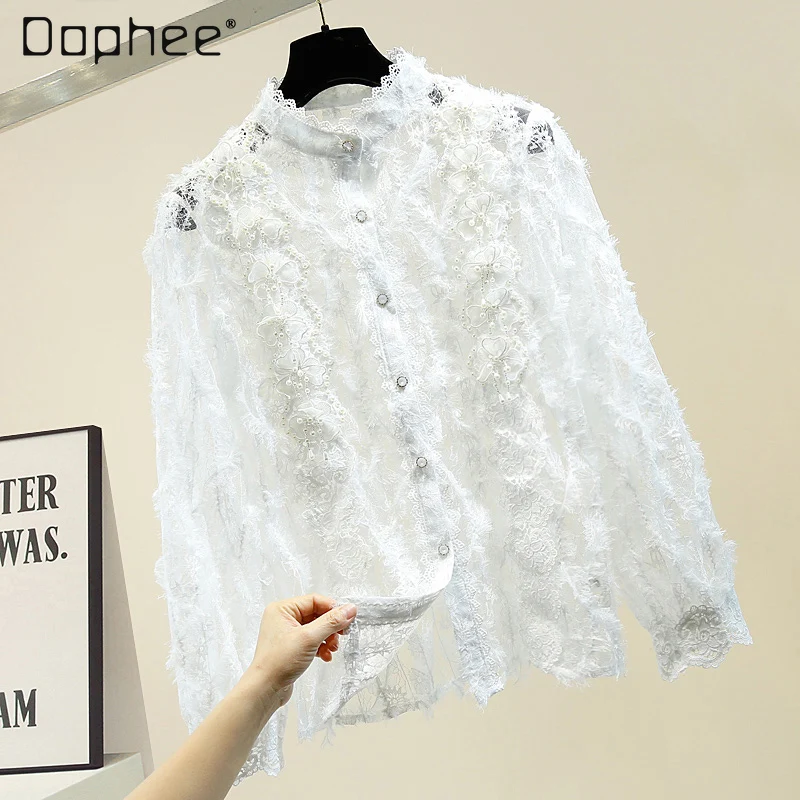 

Women's Tunic Beaded Three-Dimensional Flower Embroidery Lace Hollow Out See-through Stand Collar Shirt Sexy Feather Lace Blouse