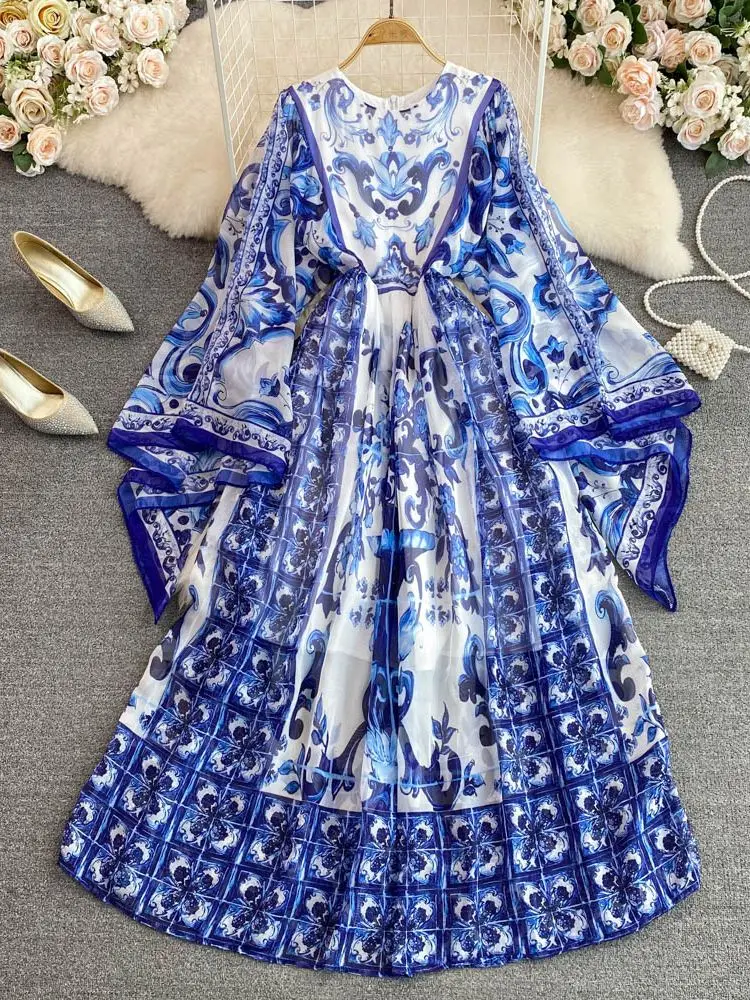 

Женское платье макси с рукавом «летучая мышь», бело-голубое платье с принтом в богемном стиле, Модные Дизайнерские летние платья Faldas 2023