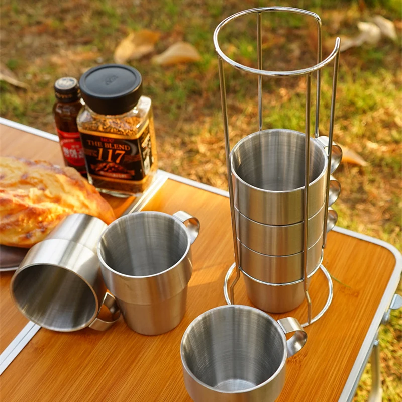 

Outdoor Coffee Cup Set 4Pcs 300ml Double Stainless Steel Travel Mug Picnic Camping Sports Portable Cup With Storage Rack