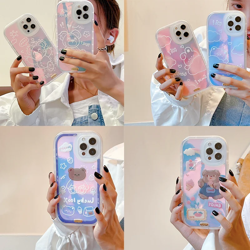 

Luxury Laser Dream Glitter Phone Case for IPhone 12 11 Pro Max XR XS Max 7 8 Plus X Cute Cartoon Bear Soft Tpu Back Cover Shell