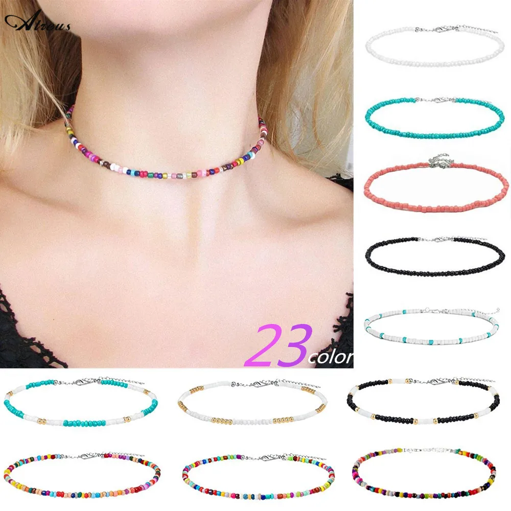 

23 style Multicolor Seed Beads Strand Choker Necklace Women String Collar Colorful Handmade Bohemia Summer Stacking Necklace