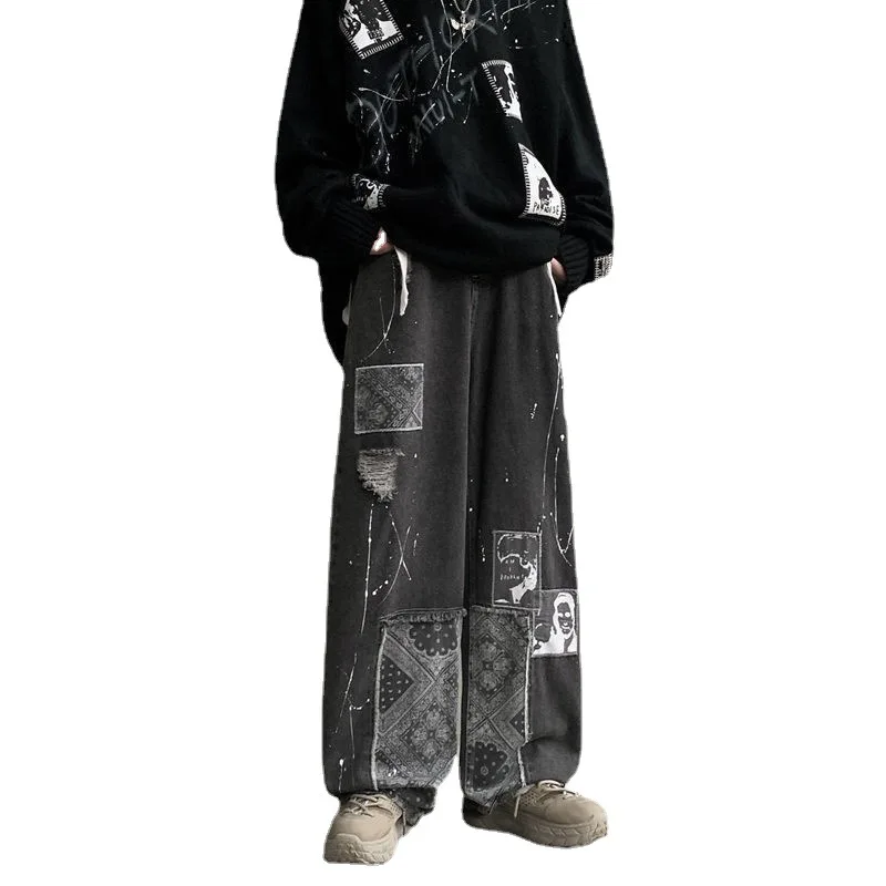 Personalized Hip-hop Street Cashew Flower Straight Tube Pants for Men Washed Antique Trendy Autumn Jeans for Men