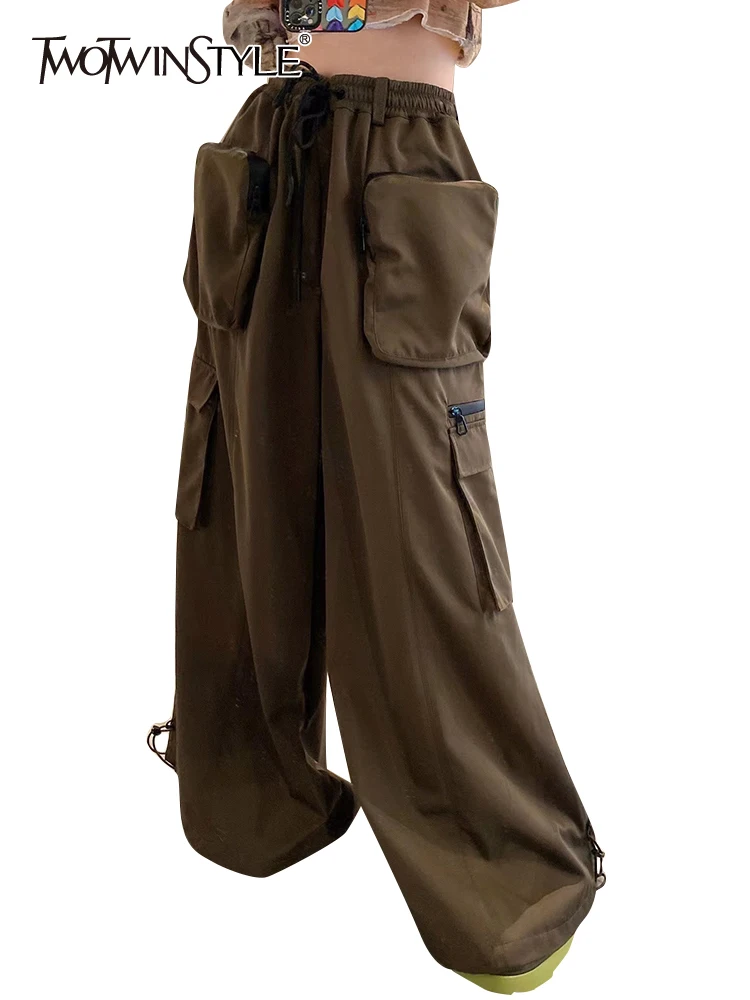 

TWOTWINSTYLE Solid Trousers For Women High Waist Patchwork Drawstring Casual Loose Cargo Pants Female Fashion Autumn Clothing