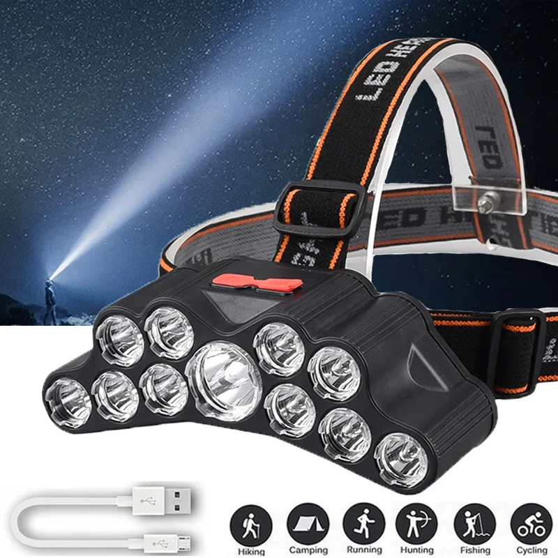 11LED Headlamp Strong Light Head-Mounted Flashlight USB Rechargeable Outdoor Portable Hiking Camping Night Fishing Headlight