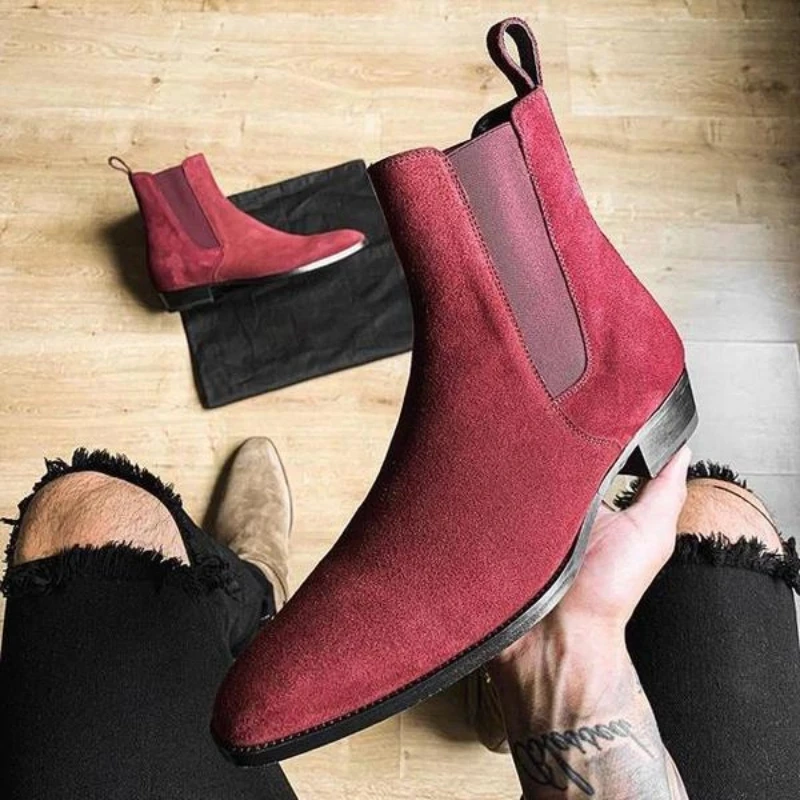 

Chelsea Ankle Boots Men Red Faux Suede Vintage Cowboy Motorcycle Work Safety Boot High Top Business Shoe Solid Color Comfortable