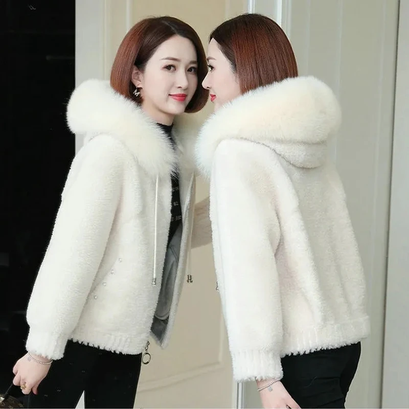 Winter Fur Collar Hooded Imitation Mink Double-Sided Fleece Plush Soft Coat Women Imitation Sheep Shearing Jacket Zipper Parkas