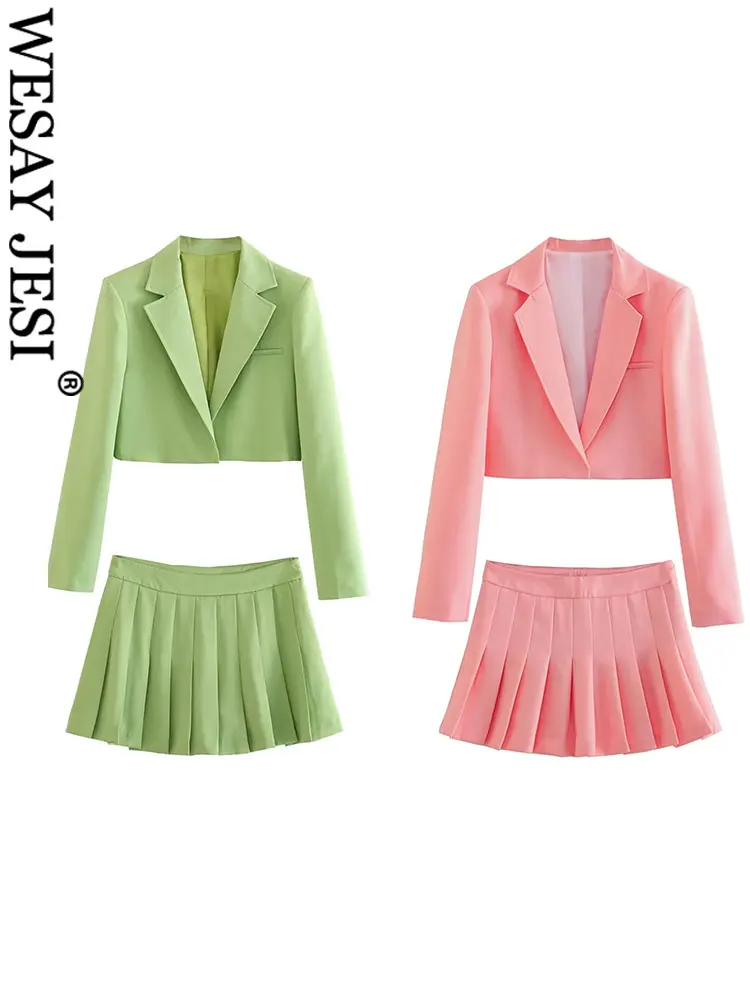 

WESAY JESI TRAF Fashion Women's Summer Solid Color Slit Long Sleeve Blazer High Waist Pleated Side Zipper Female Skirt Set