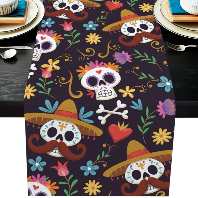 

Льняные настольные дорожки с изображением мексиканского Дня мертвых черепов, украшения для свадебной вечеринки, планшетов, аксессуаров дл...