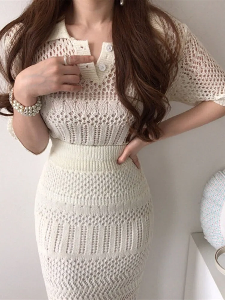 

Женский трикотажный комплект из двух предметов, элегантный свитер с отложным воротником и коротким рукавом и юбка-годе с высокой талией, ле...