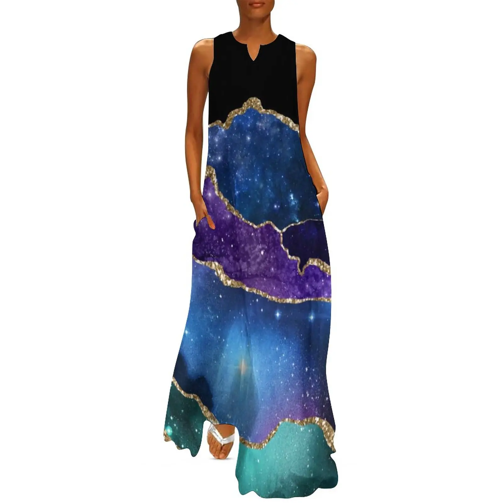 

Purple Teal Gold Glitter Marble Dress Summer Elegant Galaxy Pirnt Fashion Casual Long Dresses Woman Custom Party Maxi Dress