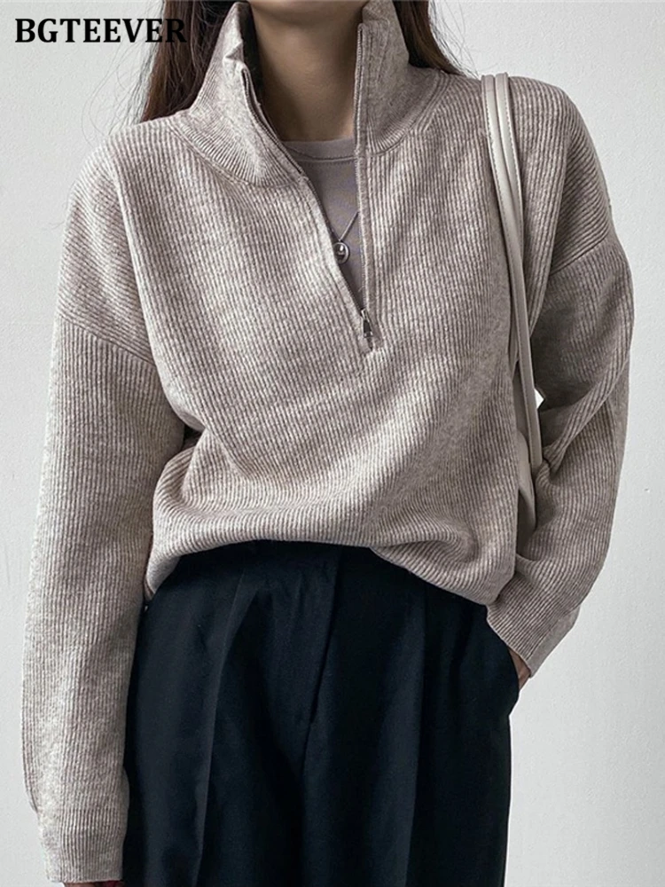 

BGTEEVER Autumn Winter Turtleneck Sweaters Women Long Sleeve Zippers Thicken Pullovers Jumpers Female