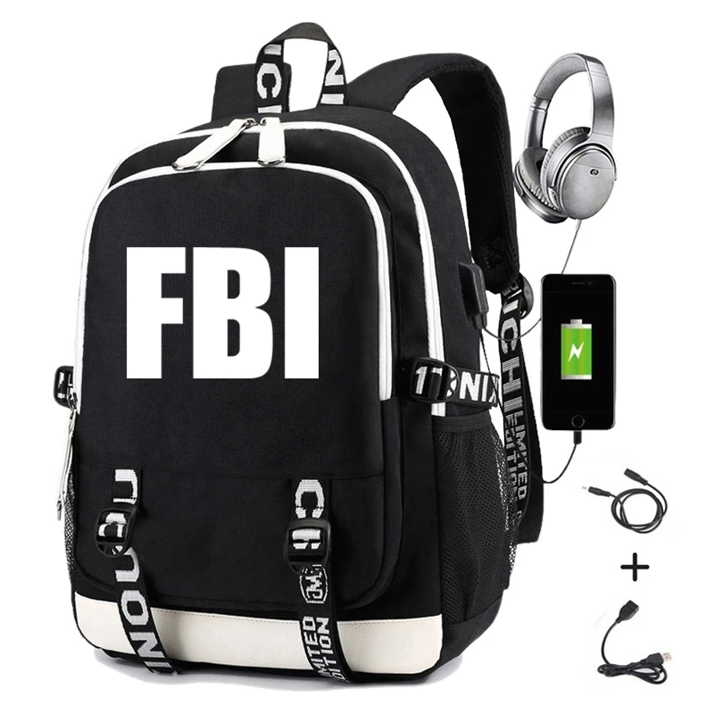 

FBI Backpack for Men Printing Police Multifunctional Waterproof School Bag USB Charging Women Travel Nylon Casual Rucksack