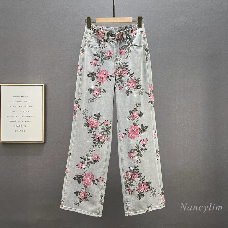 

National Fashion Diamond-Embedded Jeans for Women 2022 New Spring Summer High Waist Loose Floral Printed Wide-Leg Denim Pants