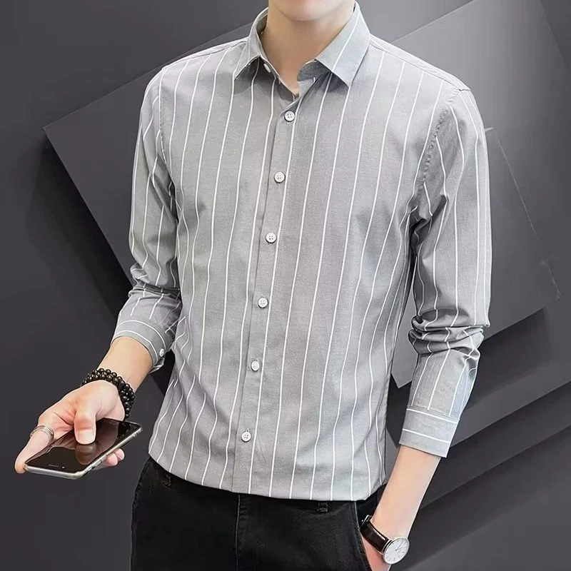 

Men's Shirt and Blouse Striped Clothes Long Sleeve Silk Male Top Cheap Brand Slim Fit Hipster Korean Style Aesthetic New In Asia