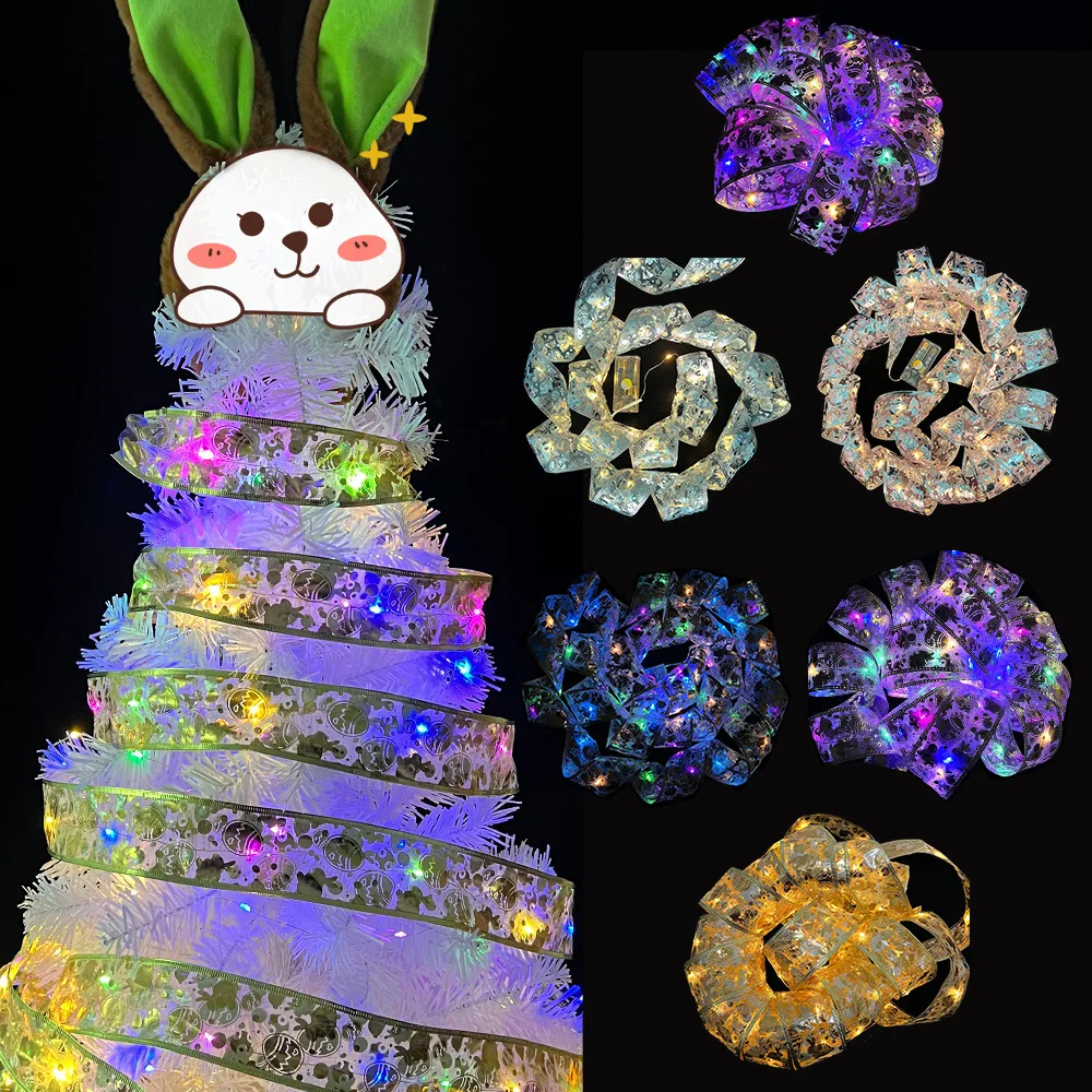 

1-5m 2022 Easter Decoration LED Ribbon Lights Easter Tree Ornaments DIY Lace Bows String Lights Navidad Home Decors New Year