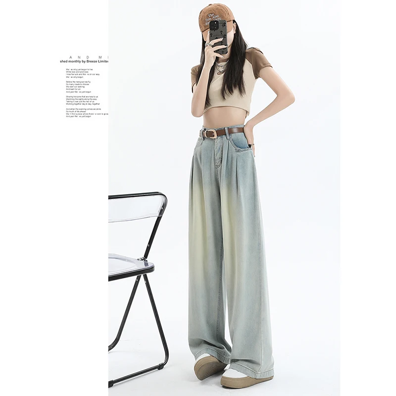 Jeans Women's Spring/Summer Commuter Pants Blue Youth Wide Leg Pants High Waist Loose Fit Pleated Straight Sweep Feel