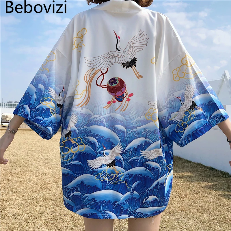 

Женское кимоно в стиле Харадзюку, модная повседневная Уличная одежда в стиле Харадзюку, кардиган с японским принтом журавлей, белый и синий цвета, на лето