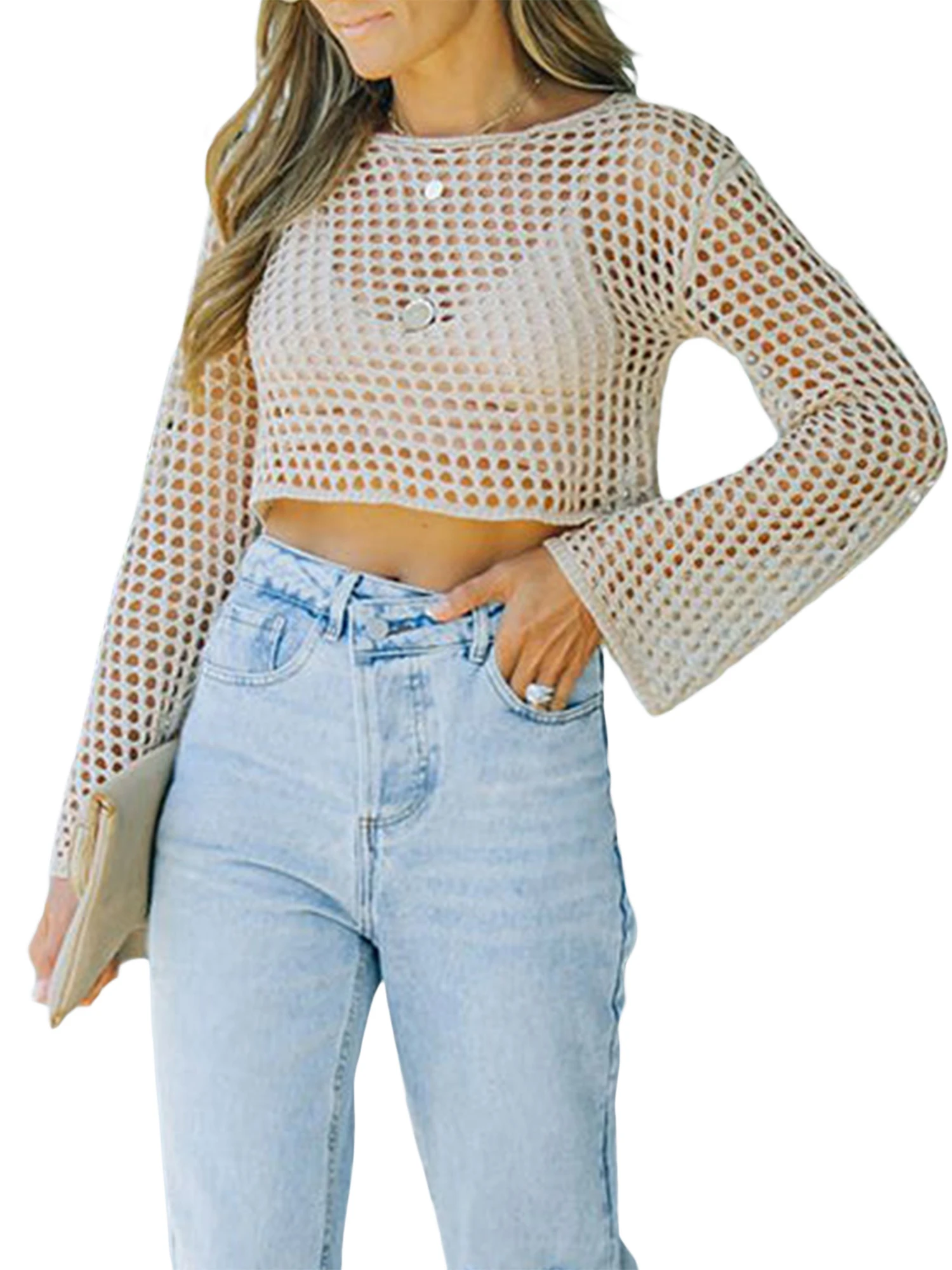 

Vintage-Inspired Crochet Knit Sweater with Cutout Details and Sheer Fabric - Y2K Fashion Long Sleeve Top for Casual or Clubwear
