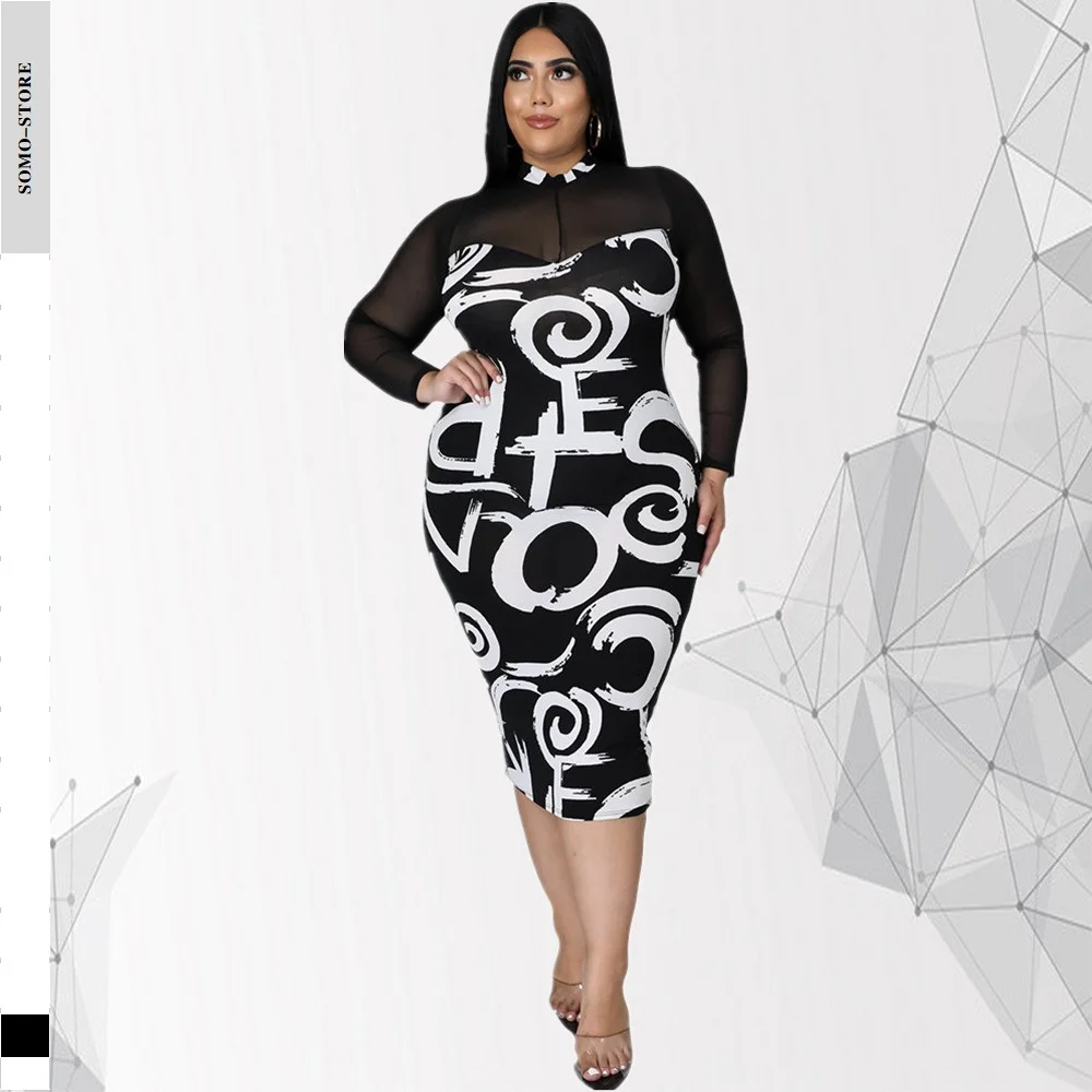 

5xl Plus Size Women Clothing Fashion Printing See Through Gauze Stitching Round Neck One Step Midi Dress Wholesale Dropshipping