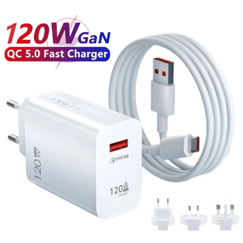 120W QC 5.0 Fast Charging USB Charger Power Adapter Fast Charge Type C Cable For iPhone Mi Samsung Huawei Mobile Phone Universal
