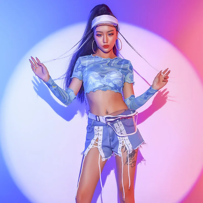 

Синяя сценическая одежда Kpop, танцевальная одежда в стиле хип-хоп, Женская танцевальная одежда, одежда для чарлидинга, одежда для фестиваля, ...