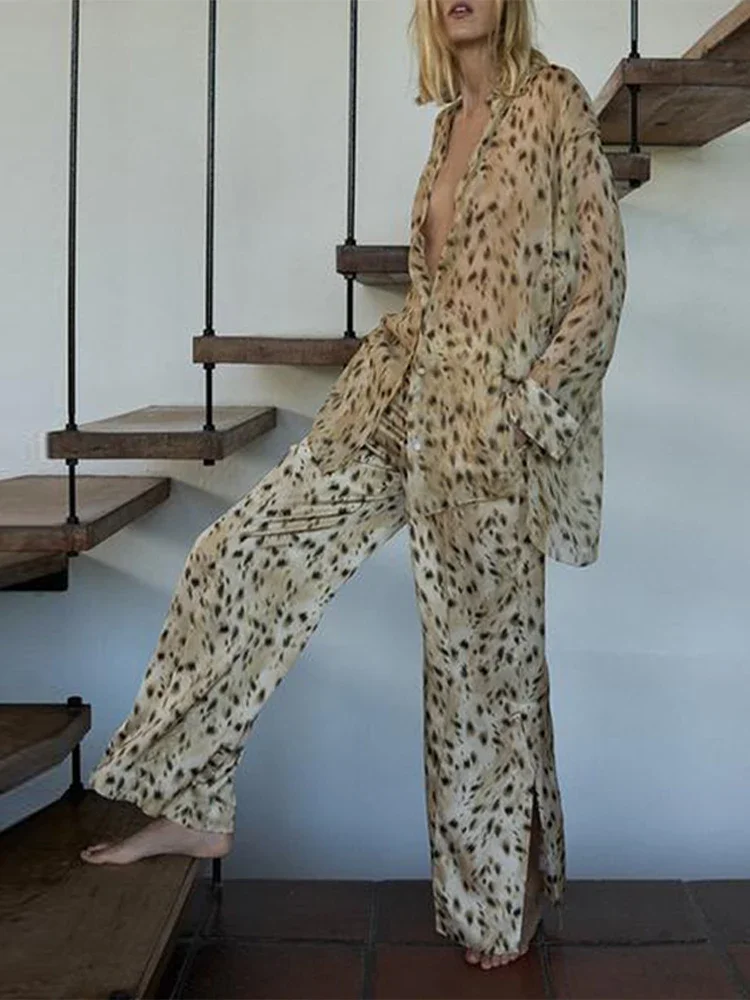 Леопардовый отложной воротник женские комплекты рубашек с длинным рукавом