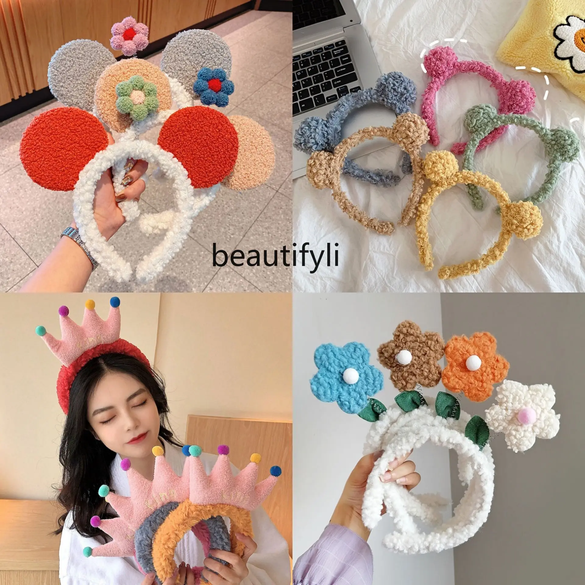 

zqFace Wash Small Flower Headband Cute Plush Flower Headband Mickey Headband Cartoon Hair Pin