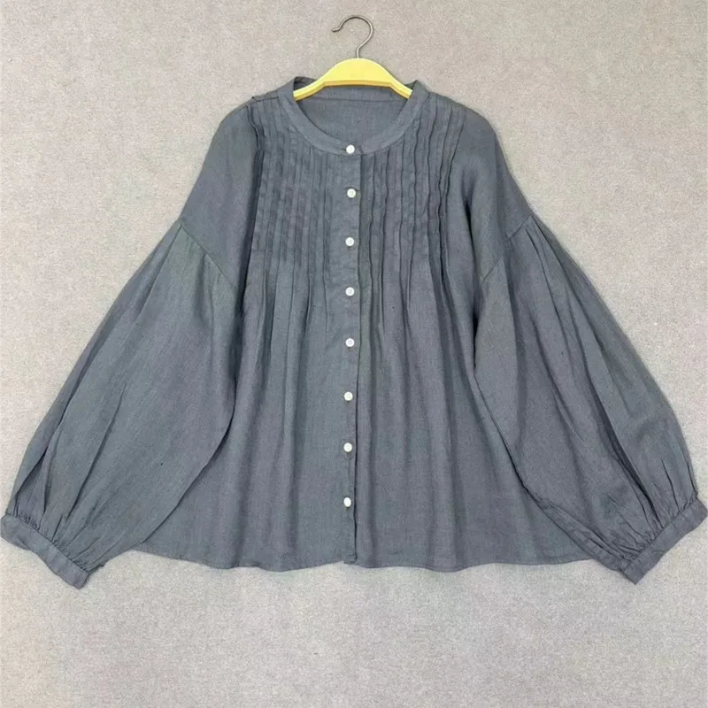 Johnature осень 2024 новая женская японская льняная рубашка с круглым вырезом
