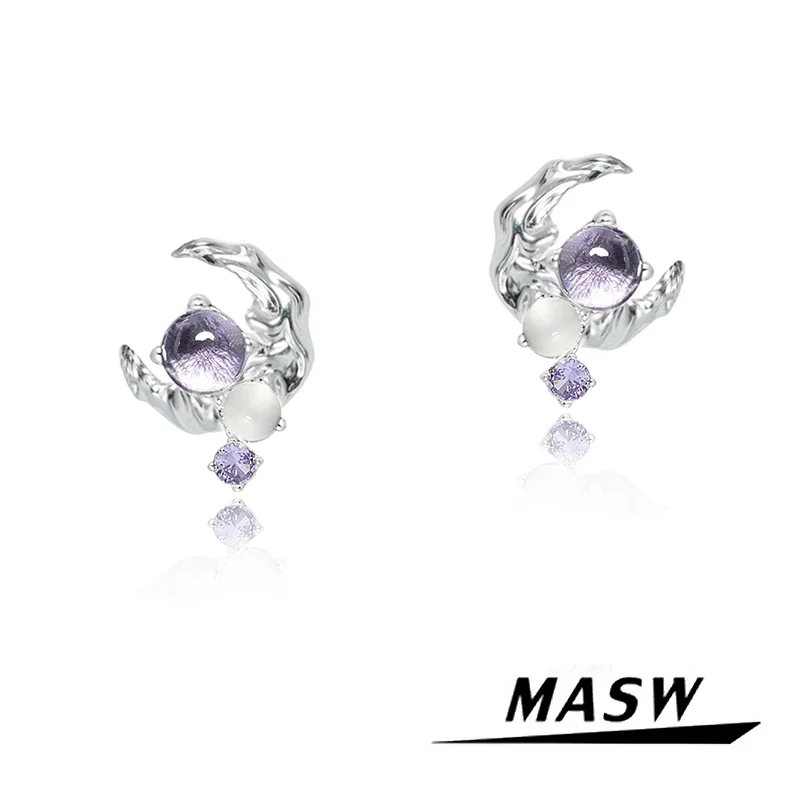 

MASW Original Design Elegant Jewelry Senior Sense Purple Glass Thick Silver Plated Moon Earrings For Women Girl Gift Hot Sale